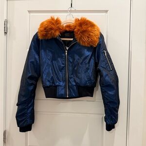 Forever 21 Blue Bomber Jacket with Orange Fur Collar